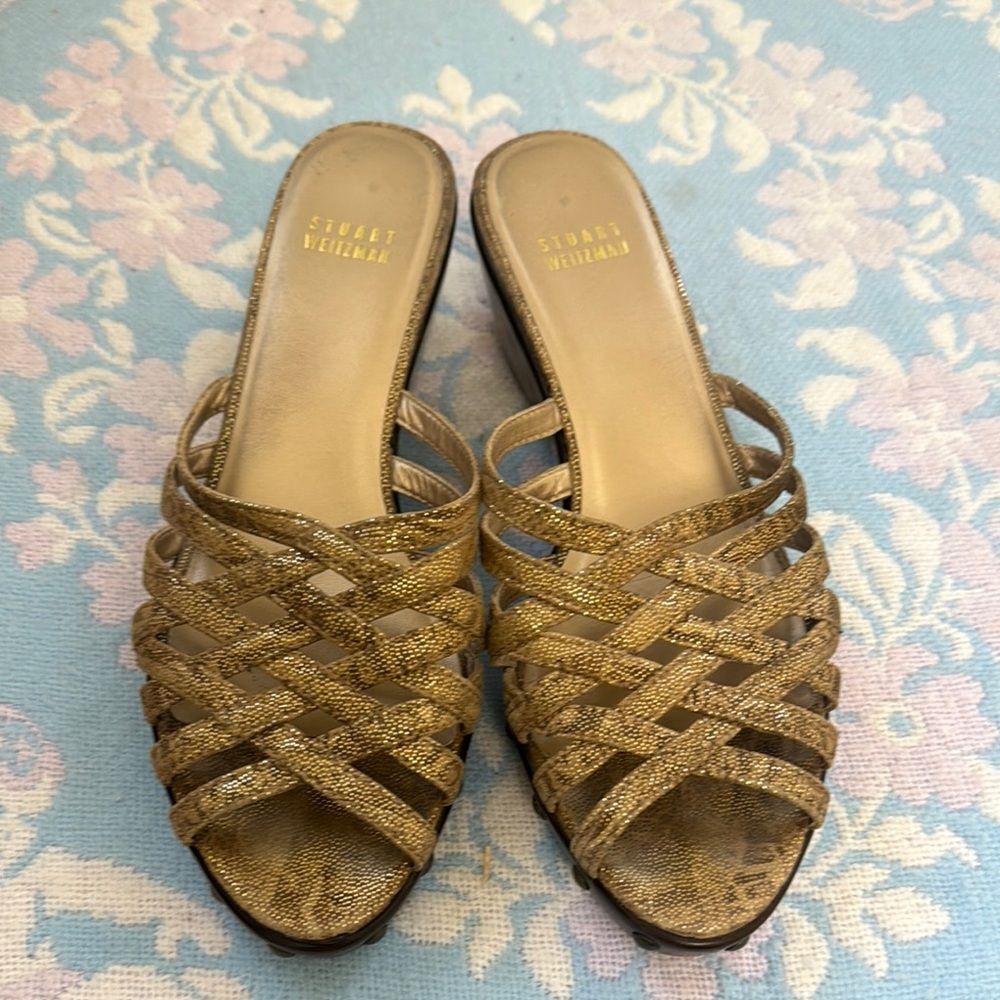 Stuart Weitzman Boho Metallic Gold Clog Style Wed… - image 2